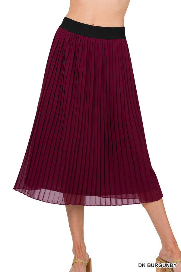 WOVEN CHIFFON HIGH WAIST PLEATED MIDI SKIRT