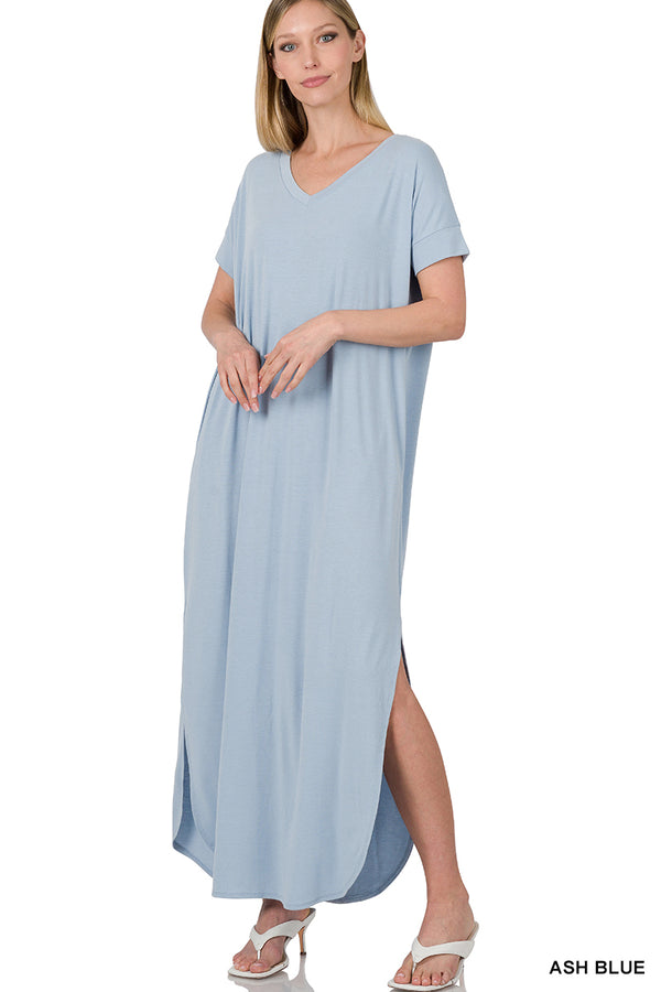 V-NECK SHORT SLEEVE MAXI DRESS