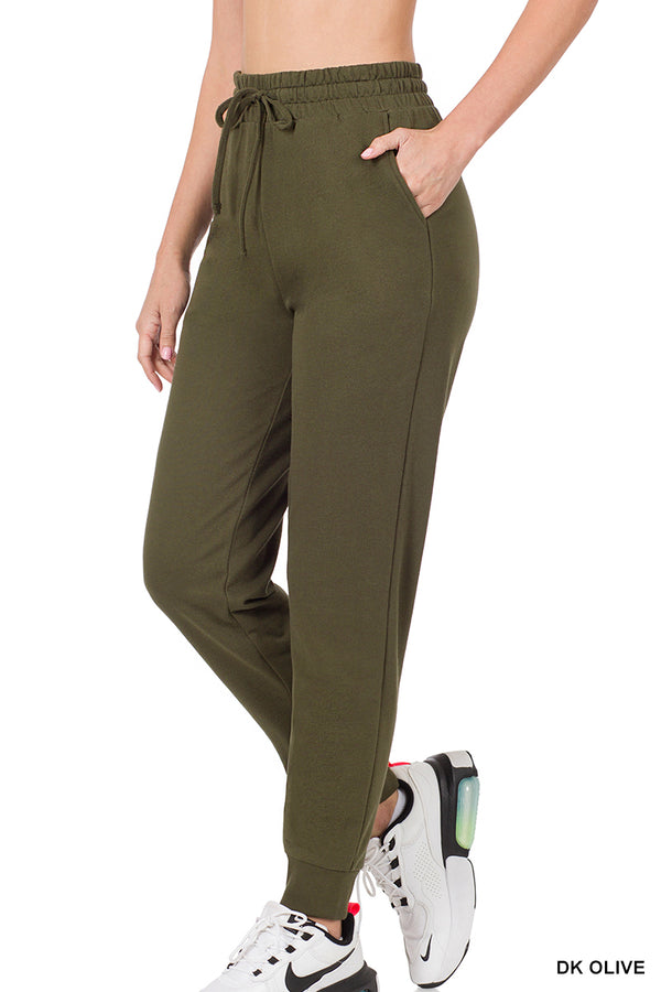 FRENCH TERRY JOGGER PANTS WITH SIDE POCKETS: Dark Olive