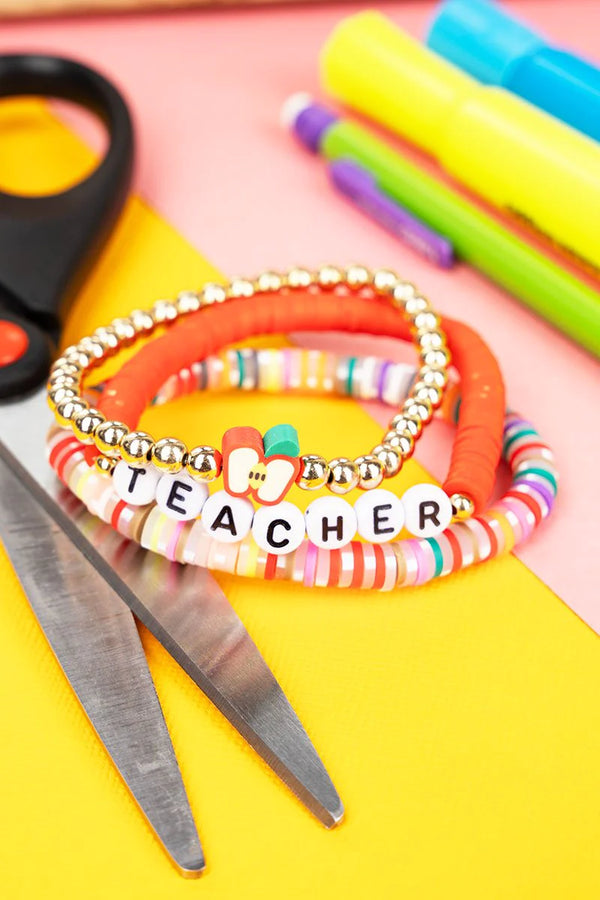 VIOLA TILED LETTER 'TEACHER' RED BEADED BRACELET SET